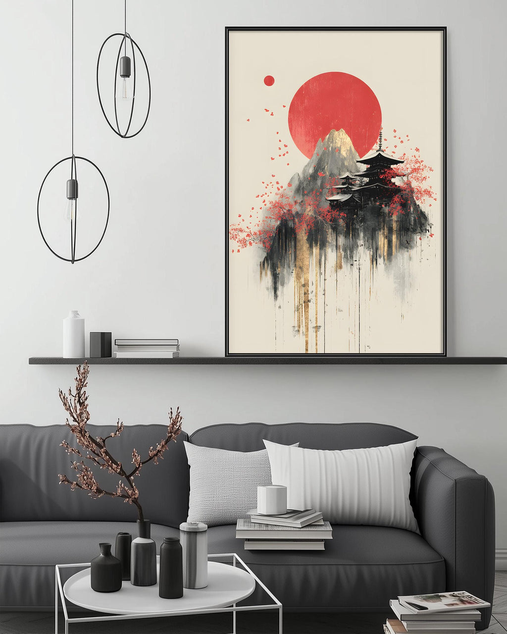 a modern living room with a gray sofa, a coffee table, and a large framed artwork depicting a Japanese temple with a red sun in the background.