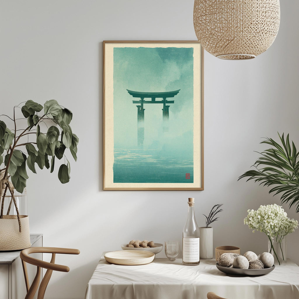 a minimalist dining room with a framed artwork of a torii gate hanging on the wall above a table set with various items.