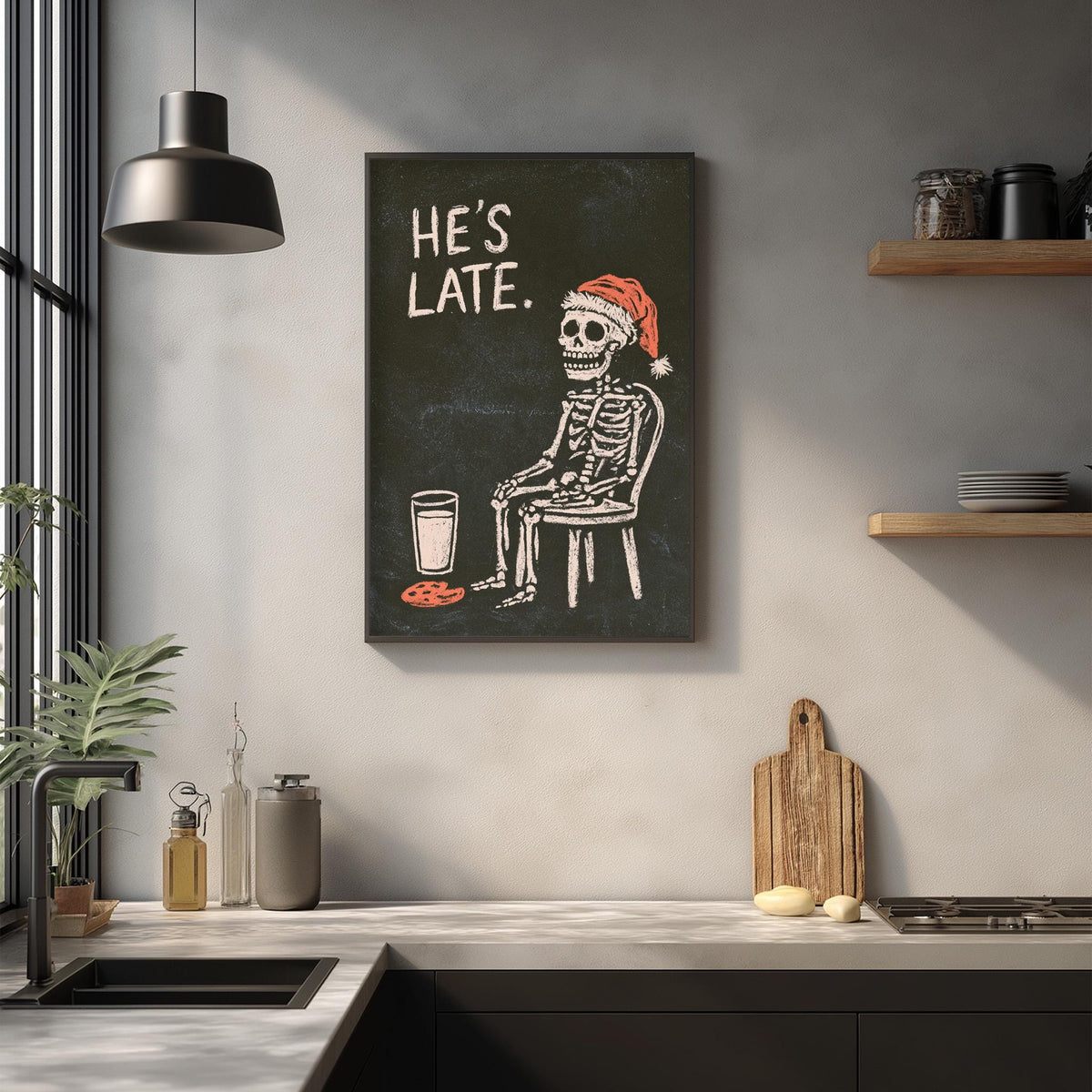 a skeleton wearing a Santa hat sitting on a chair, with the text "HE'S LATE."