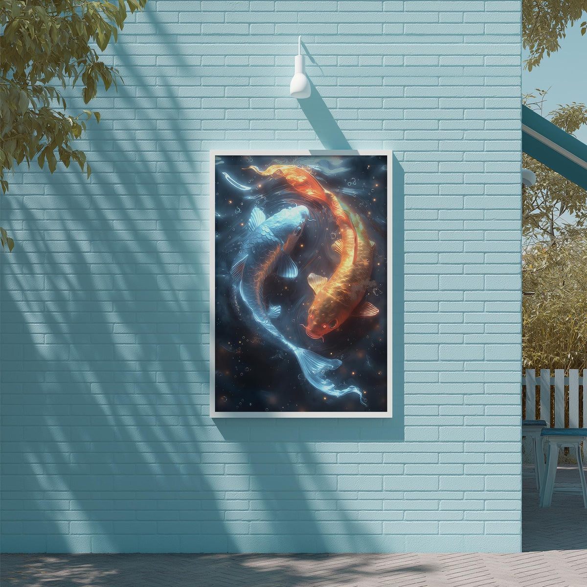 a vibrant painting of two fish, one orange and one blue, swimming in a dark, starry background. The painting is displayed on a blue wall, with a white light fixture hanging above it.