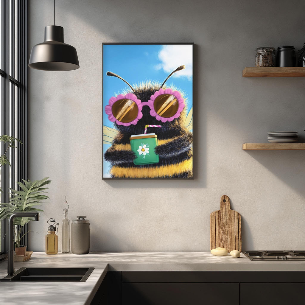 a framed picture of a bee wearing sunglasses and holding a drink, hanging on a wall in a kitchen setting.