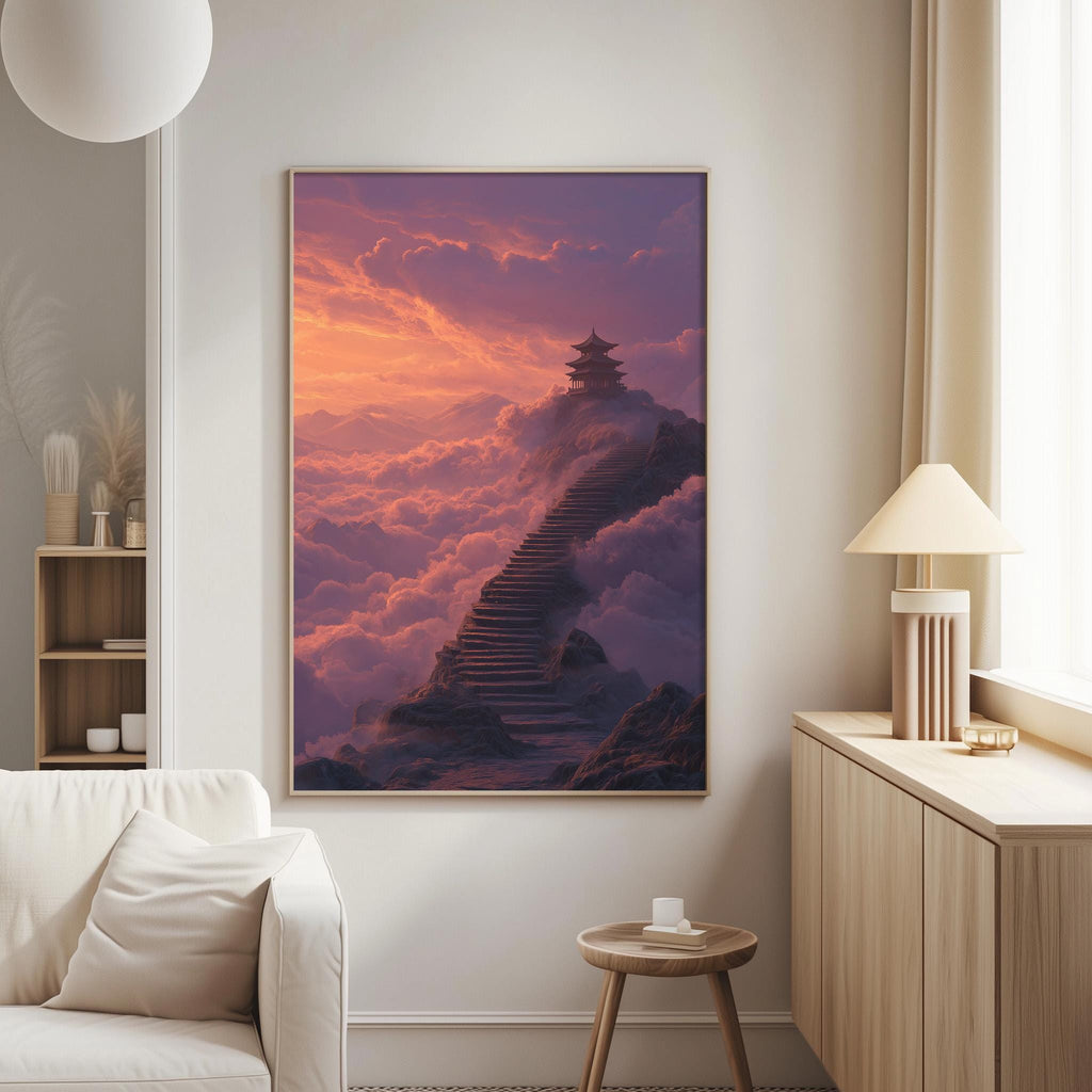 a large painting of a temple on a mountain, with a staircase leading up to it, set against a backdrop of a colorful sunset sky.