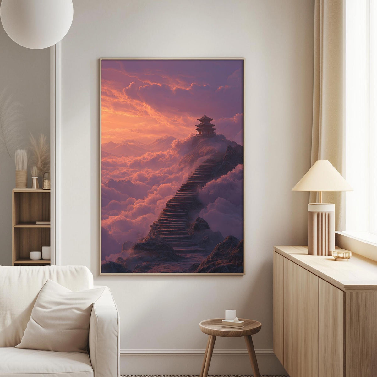 a large painting of a temple on a mountain, with a staircase leading up to it, set against a backdrop of a colorful sunset sky.