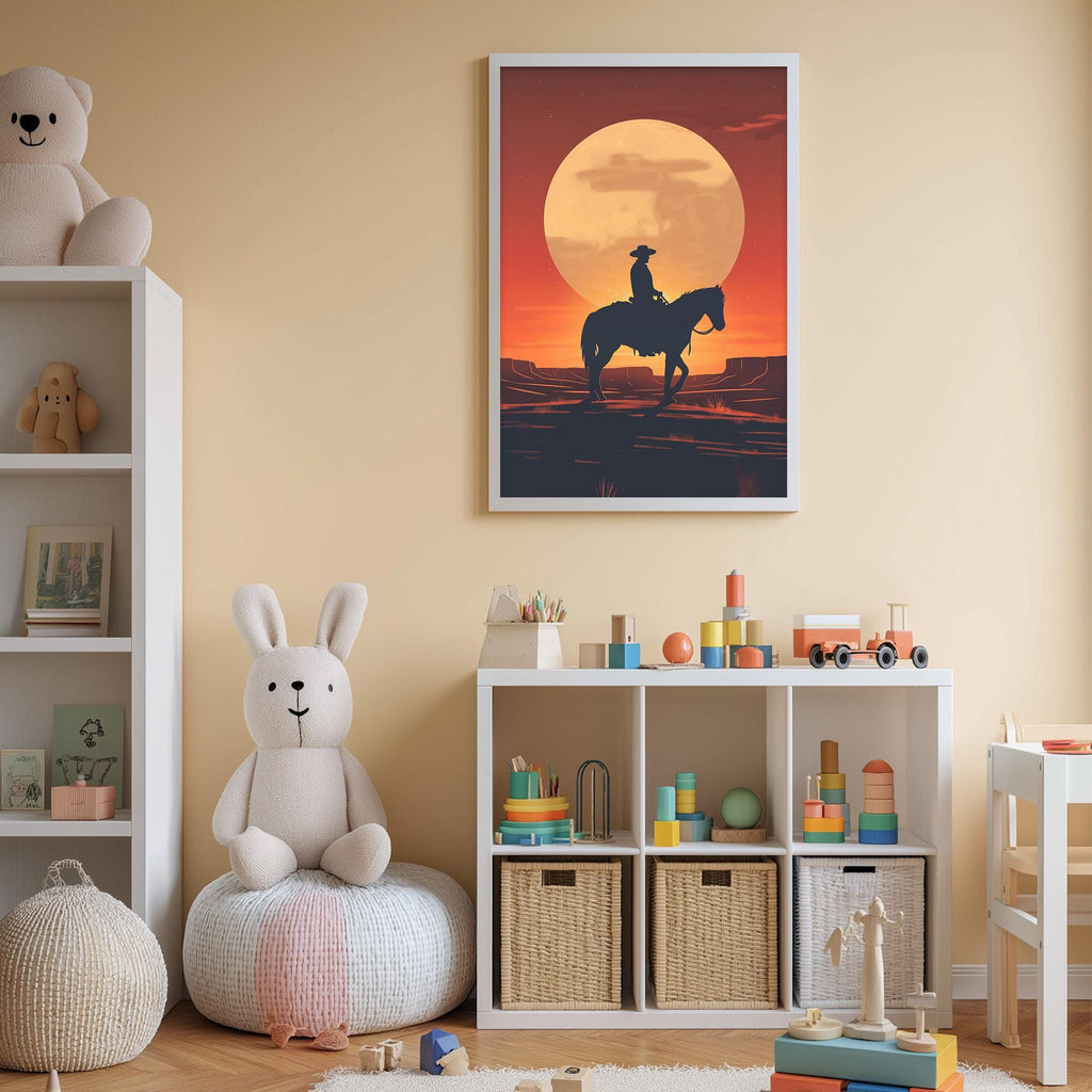 a child's bedroom with a large poster of a cowboy on a horse, a stuffed rabbit, a bookshelf filled with toys, and a colorful storage bin.