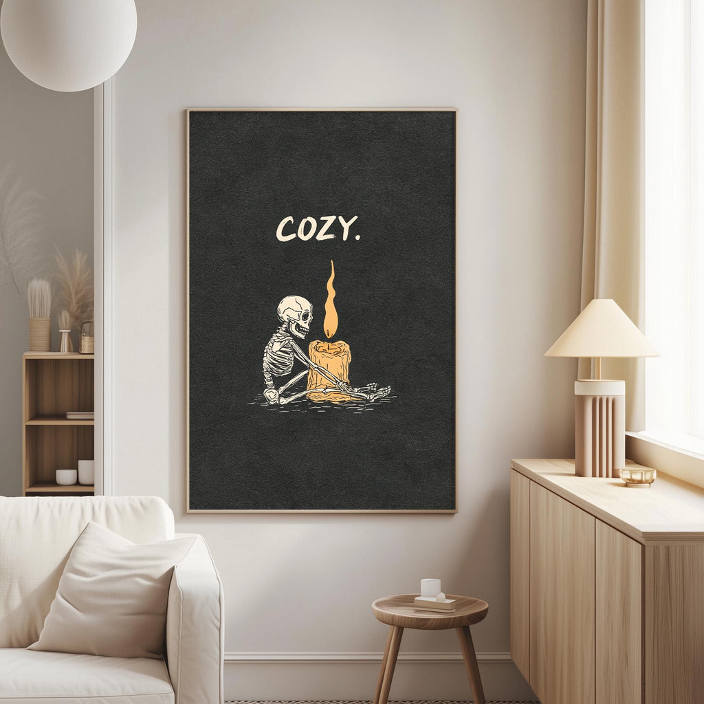 a cozy scene with a skeleton sitting next to a lit candle, creating a warm and inviting atmosphere.