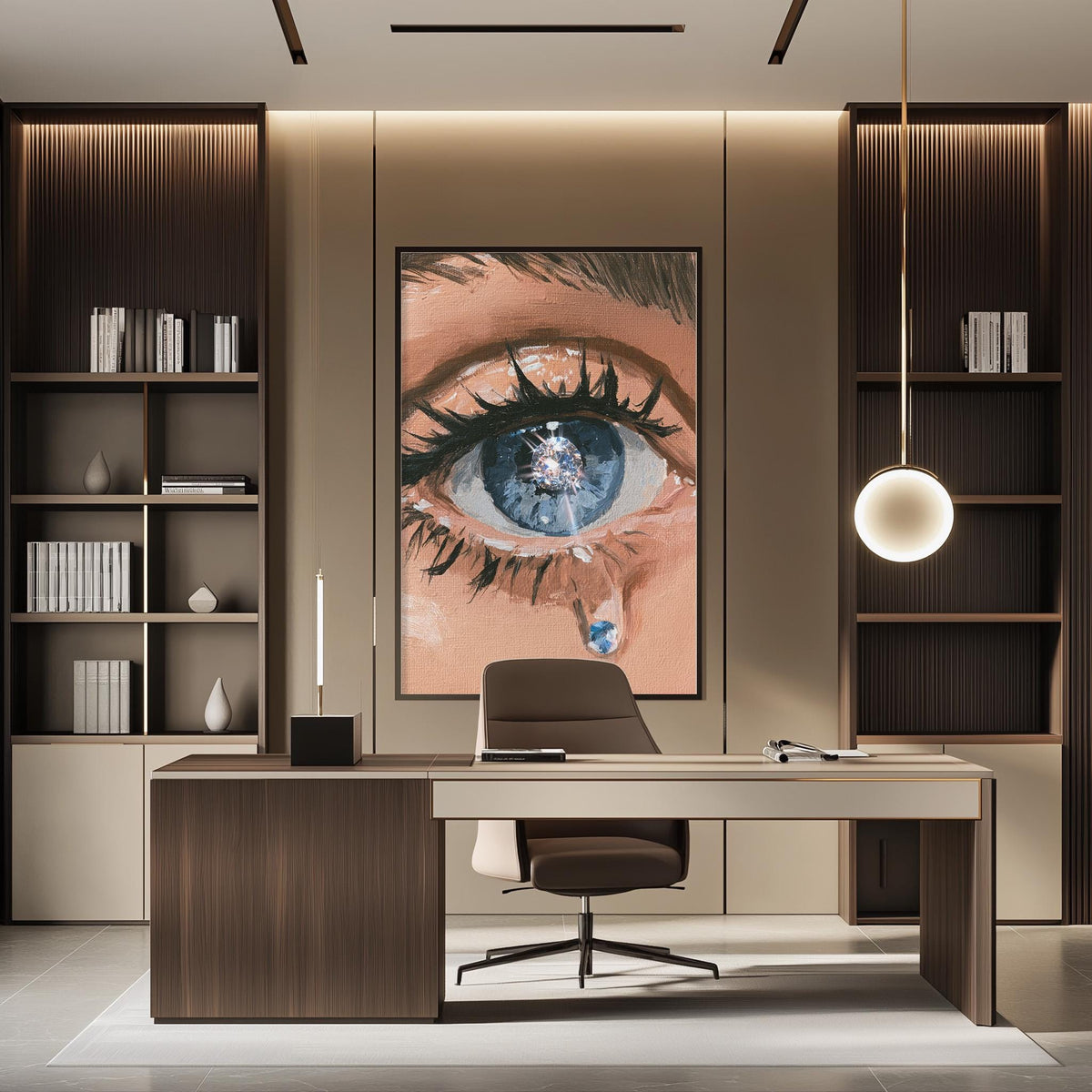 a modern office space with a large eye painting on the wall, a wooden desk with a chair, and a bookshelf with books and decorative items.