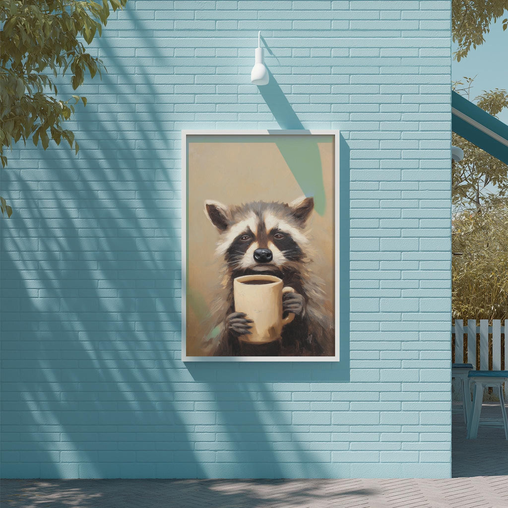A raccoon holding a coffee mug is displayed on a blue brick wall, with a white light fixture above it.