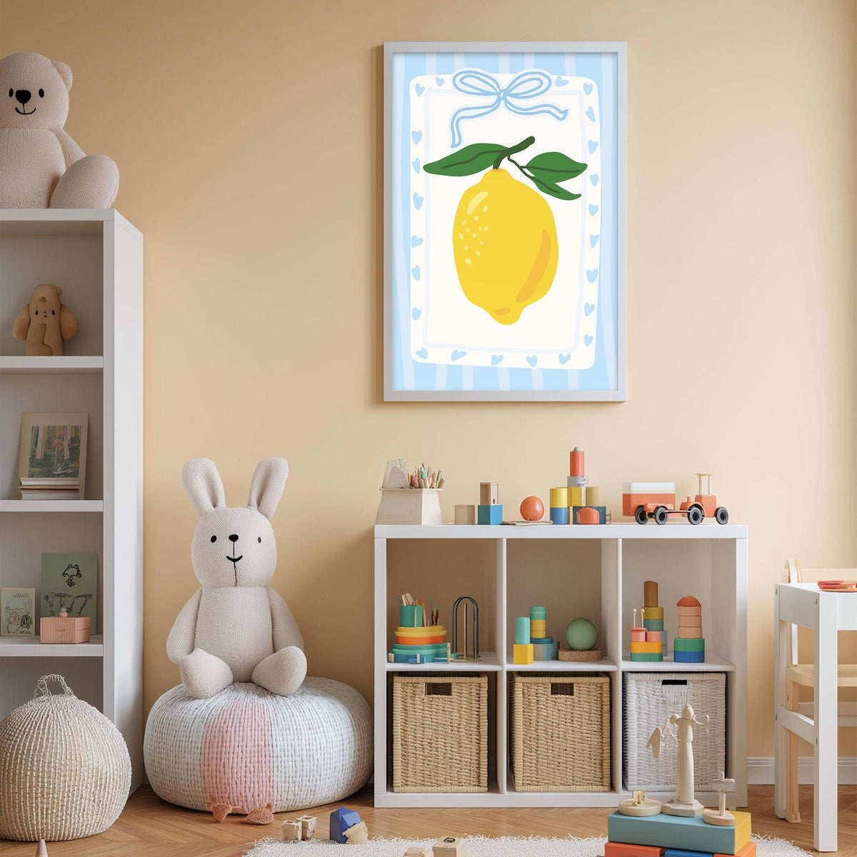 A cozy children's room with a white bookshelf, a plush rabbit, and a toy train set. The room has a cheerful and playful atmosphere, with a framed picture of a lemon on the wall and various toys and storage bins scattered throughout the space.