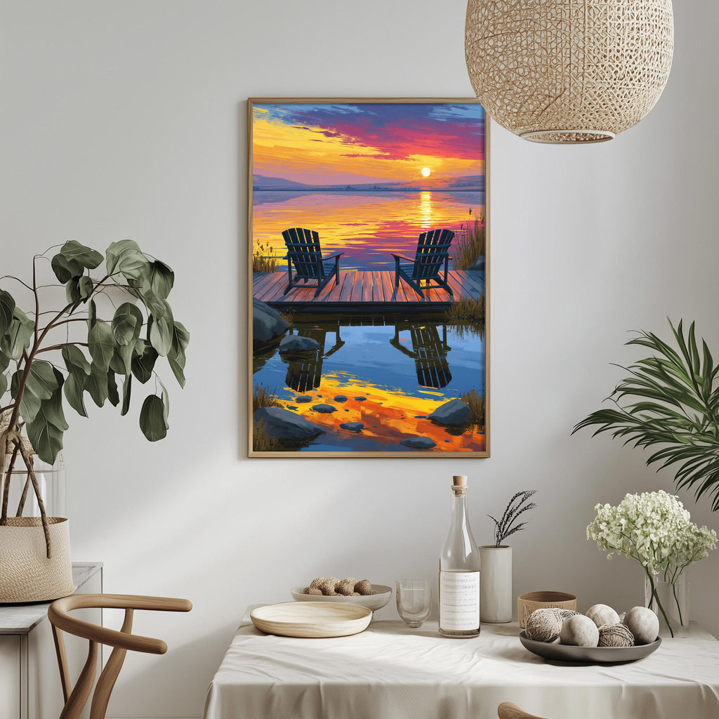 a serene lakeside scene with a wooden dock and two black Adirondack chairs overlooking the water. The sky is painted in warm hues of orange and pink, creating a peaceful atmosphere. The painting is hung on a white wall above a dining table, which is set with various items such as a bottle, a bowl, and a vase. The table is surrounded by chairs, and there are potted plants and other decorative elements in the room, adding to the overall ambiance.