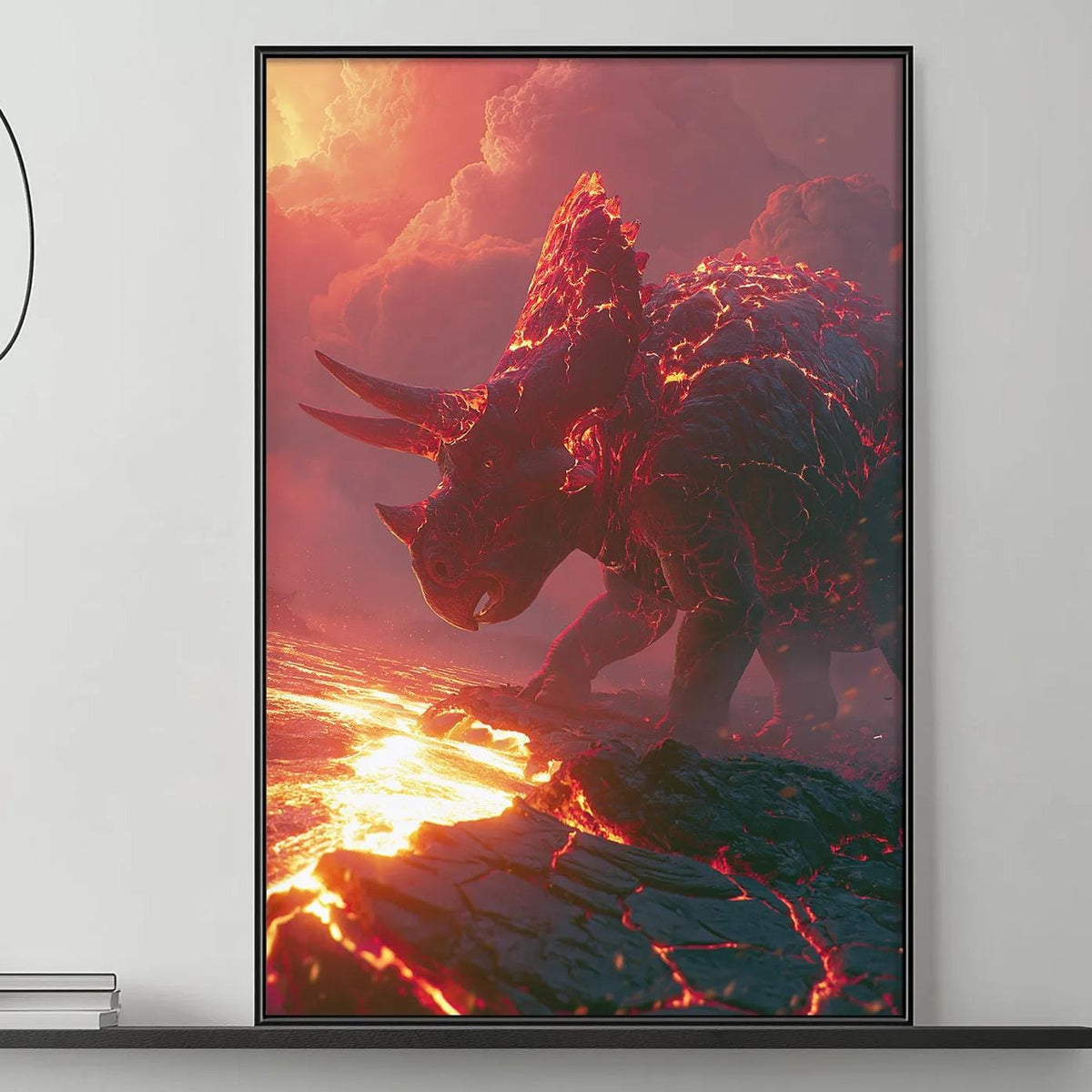 a large, vibrant painting of a fiery, fantastical creature, possibly a dragon or a mythical animal, set against a dramatic, fiery background. The painting is displayed on the wall above a gray couch, which is adorned with various decorative items such as a potted plant, vases, and books. The overall setting appears to be a cozy, modern living space with a focus on artistic expression and a touch of nature.