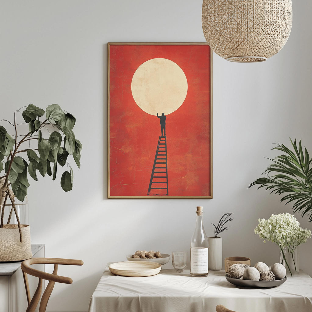 a dining table with a white tablecloth, a bottle, a bowl, and a vase with flowers. Above the table, there is a framed artwork depicting a person standing on a ladder, reaching up towards a large, red circle in the sky.
