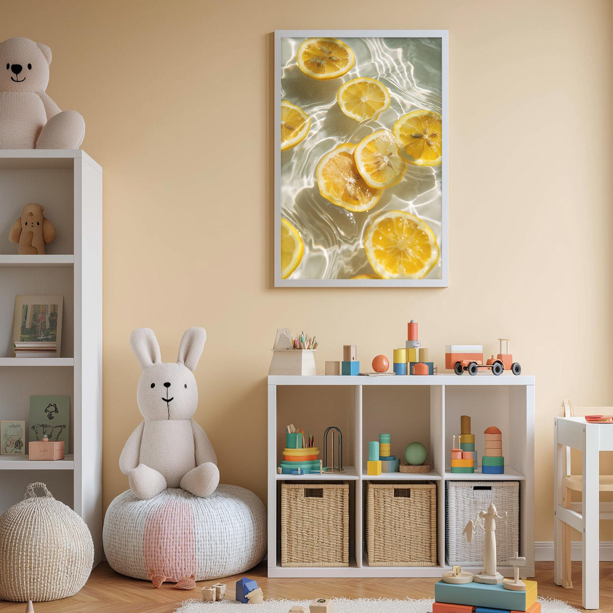 A cozy children's room with a white rabbit sitting on a bean bag chair, surrounded by toys and a bookshelf. A framed picture of sliced oranges is displayed on the wall above the bookshelf.