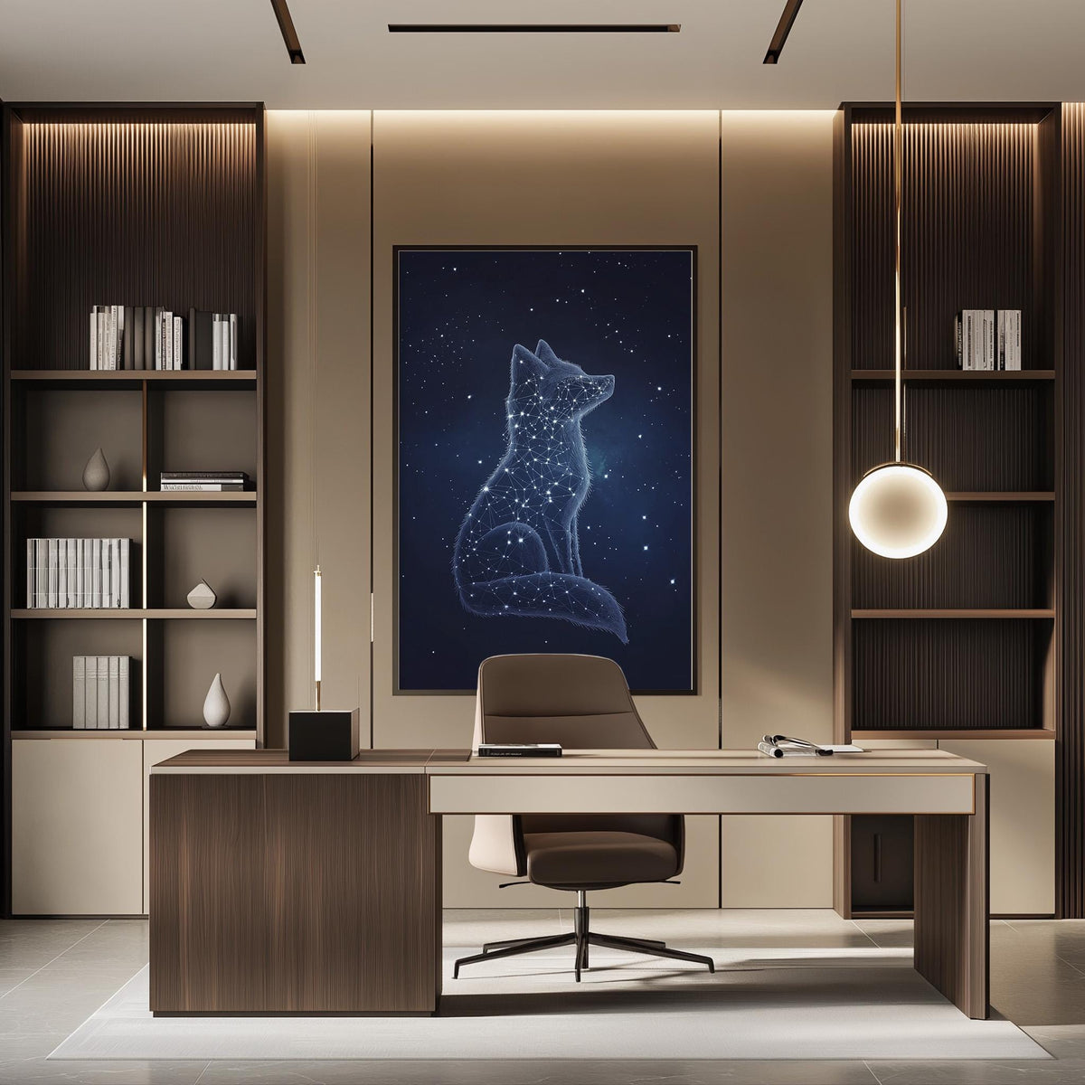 a modern and well-lit office space with a large framed artwork of a fox against a starry night sky on the wall. The office features a wooden desk, a comfortable chair, and a bookshelf filled with books. The overall design and decor create a professional and stylish atmosphere.