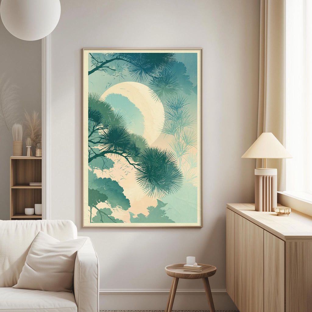 a living room with a large framed artwork hanging on the wall, depicting a serene landscape with trees and a moon. The room has a white sofa, a wooden side table, and a lamp on a wooden cabinet.