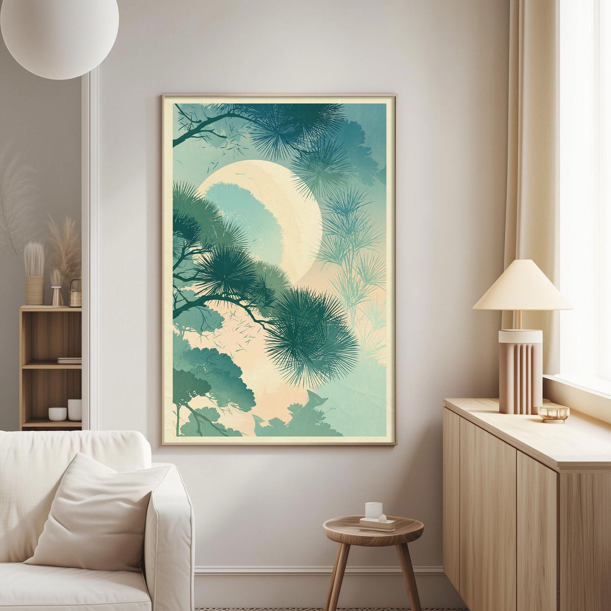 a living room with a large framed artwork hanging on the wall, depicting a serene landscape with trees and a moon. The room has a white sofa, a wooden side table, and a lamp on a wooden cabinet.