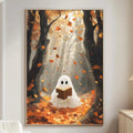 a cozy living room with a large painting of a ghost sitting in a forest surrounded by falling leaves. The painting is hanging on the wall, and the room has a comfortable couch and a small table nearby.