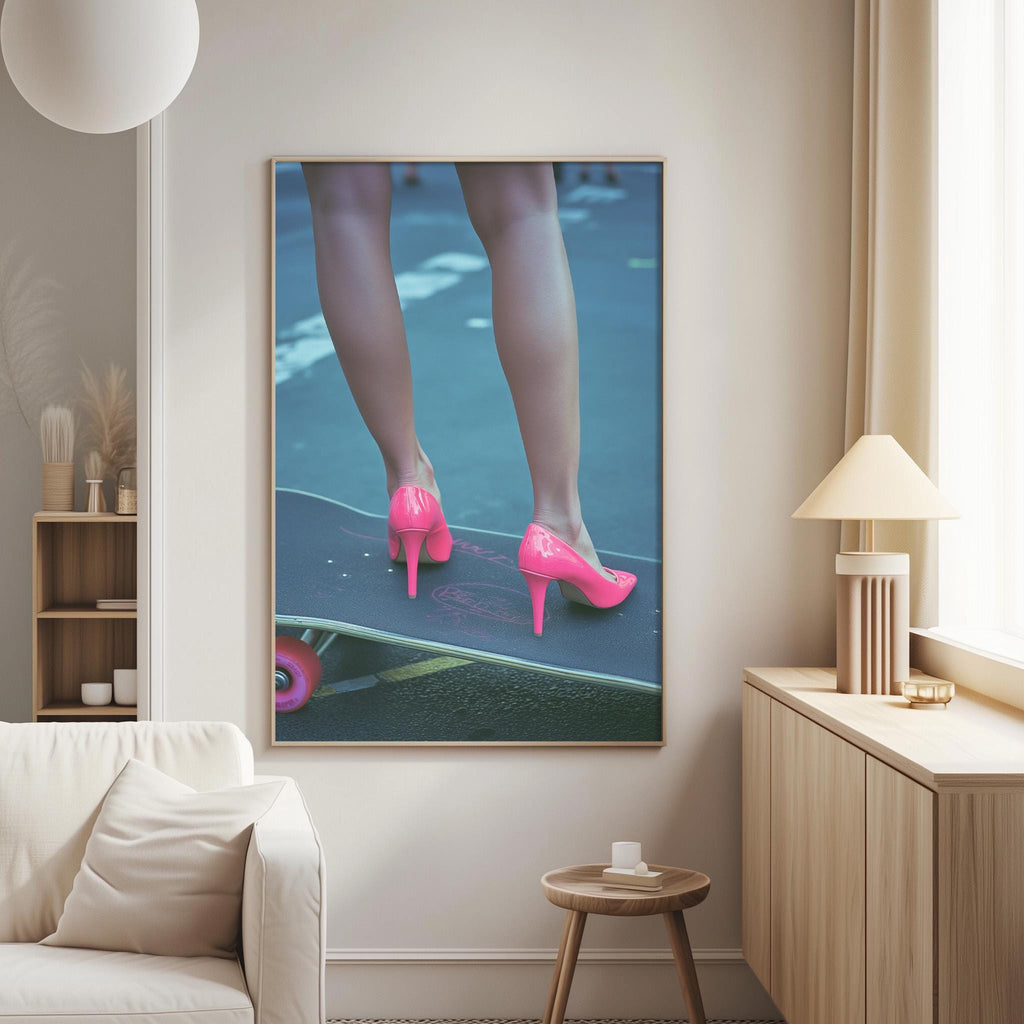 A framed photograph of a person's legs wearing pink high heels, standing on a skateboard, is displayed on the wall in a living room setting.