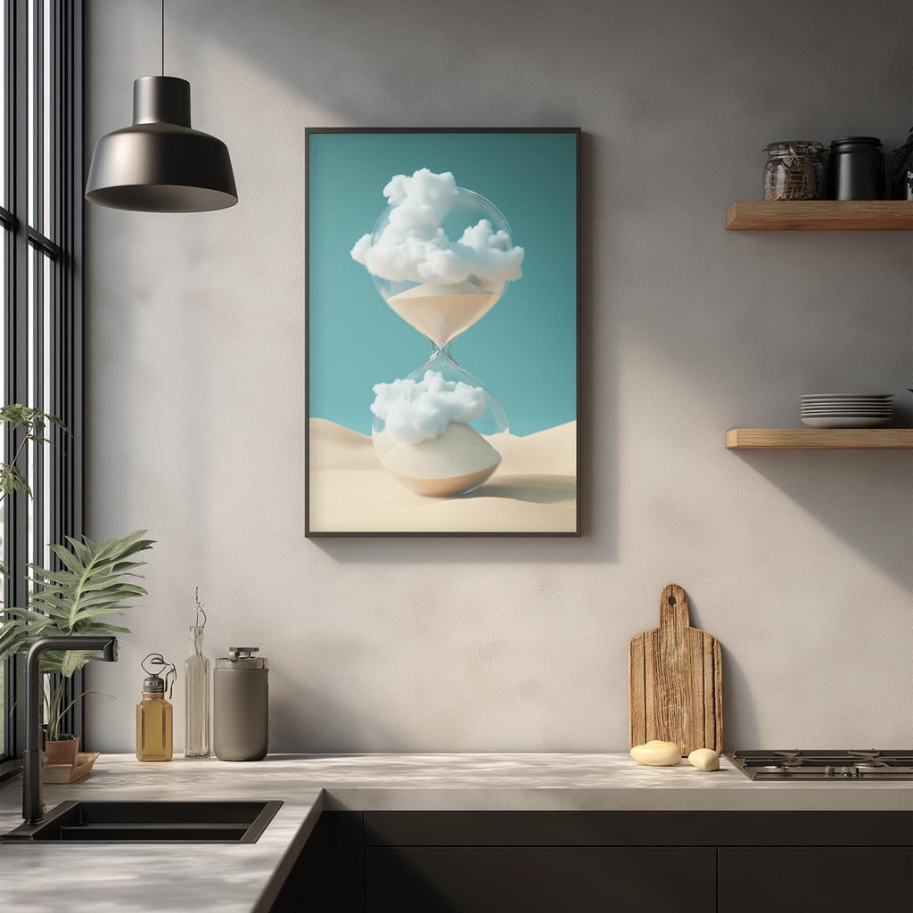 a framed artwork depicting a glass hourglass with clouds inside, hanging on a wall above a kitchen counter with various kitchen items and a potted plant.