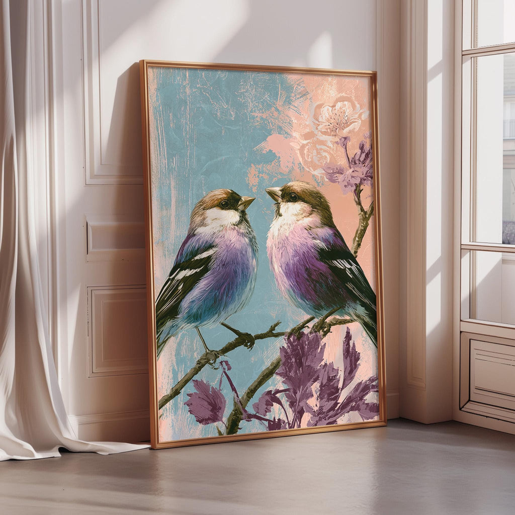 A framed painting depicting two colorful birds perched on a branch with flowers, set against a blue and pink background.