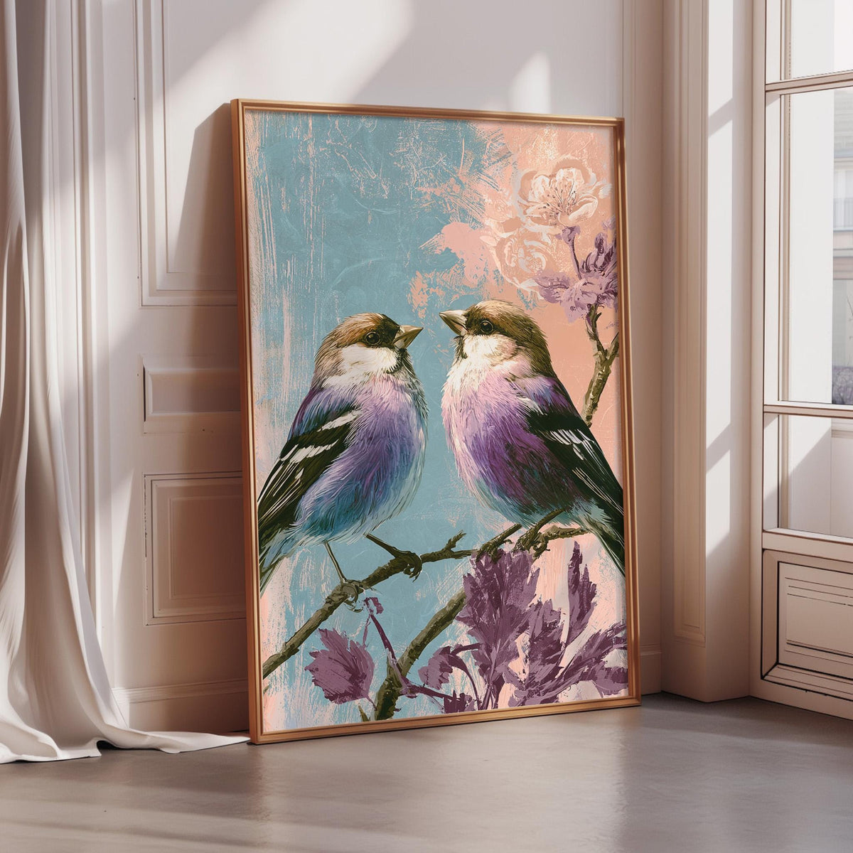 A framed painting depicting two colorful birds perched on a branch with flowers, set against a blue and pink background.
