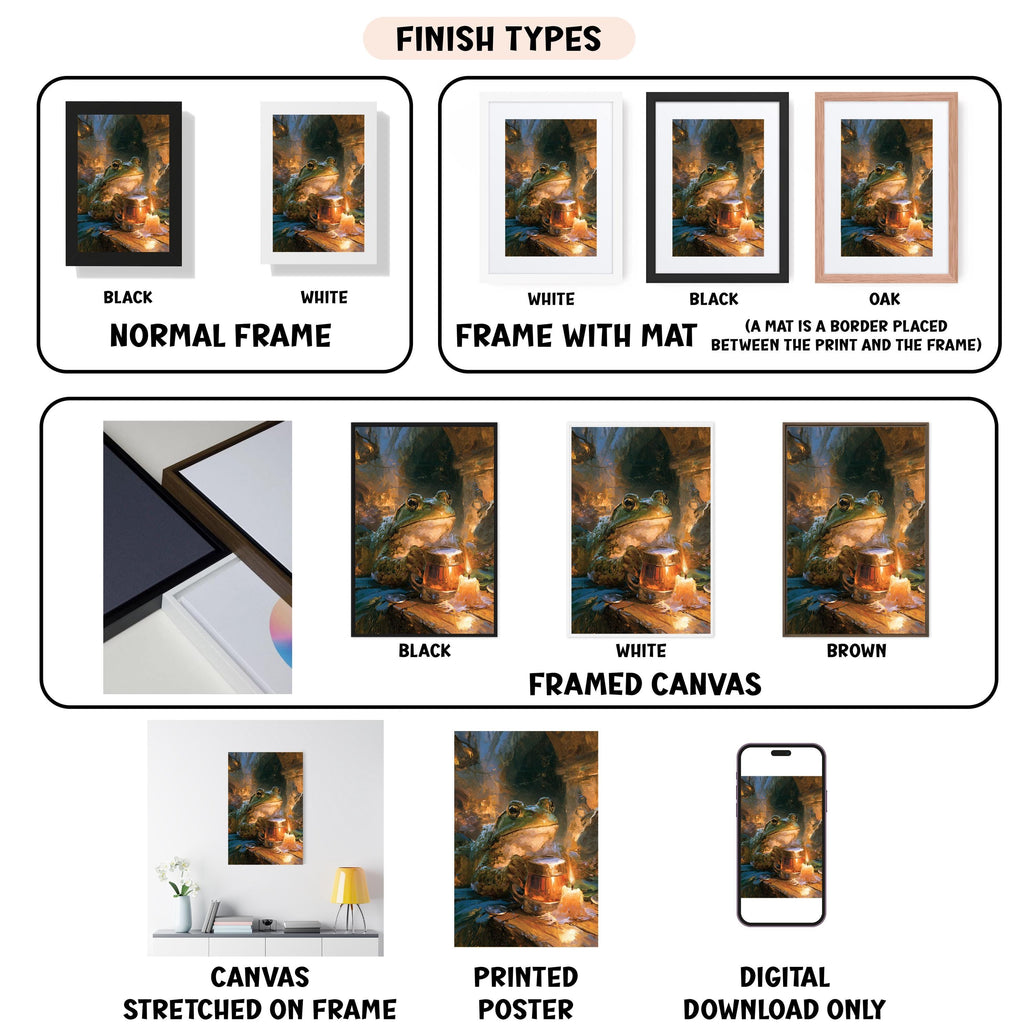 various types of artwork, including paintings, framed canisters, and digital art, each with different finishes and frame styles.
