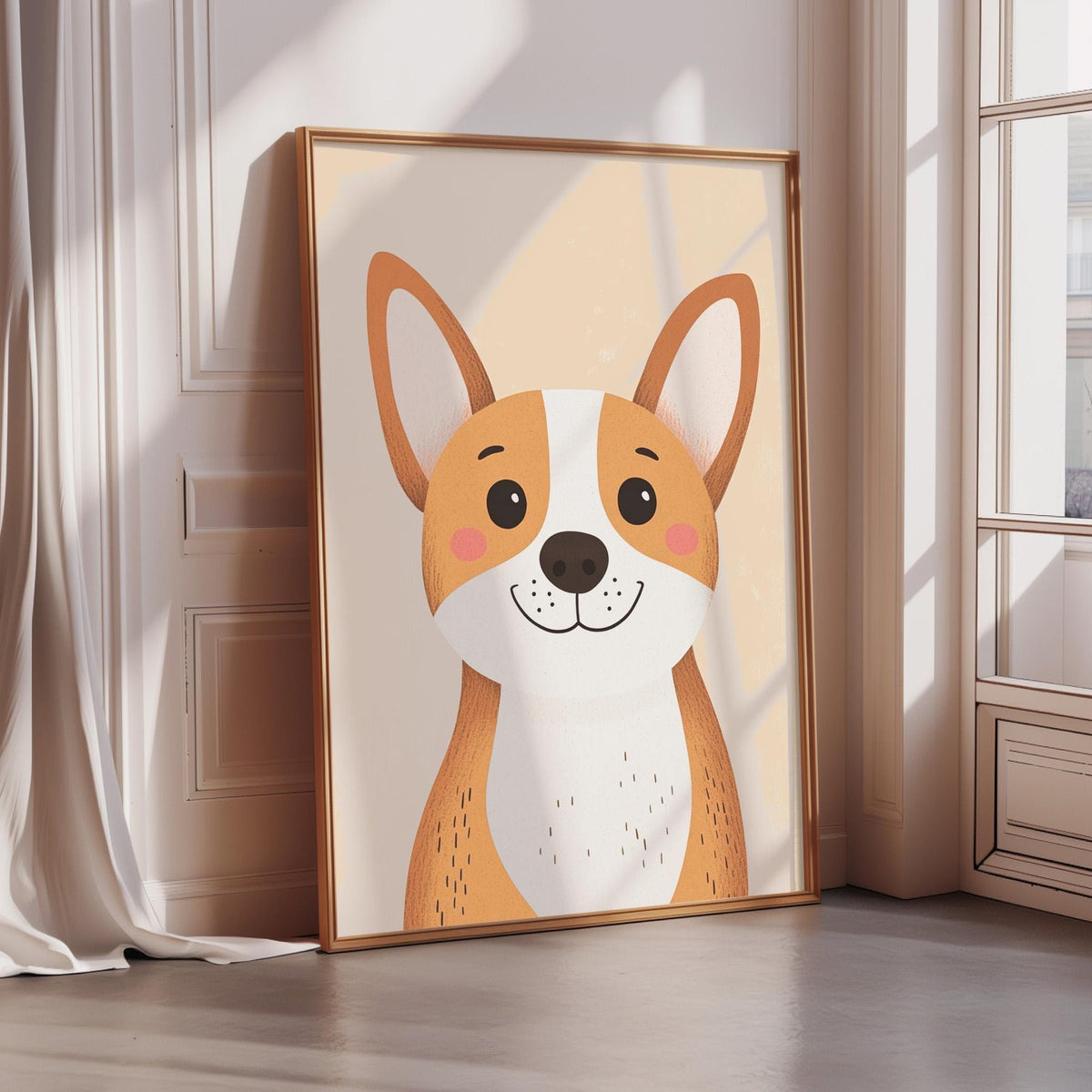 A framed illustration of a cartoon dog with a happy expression is displayed on a wall in a room with a window.