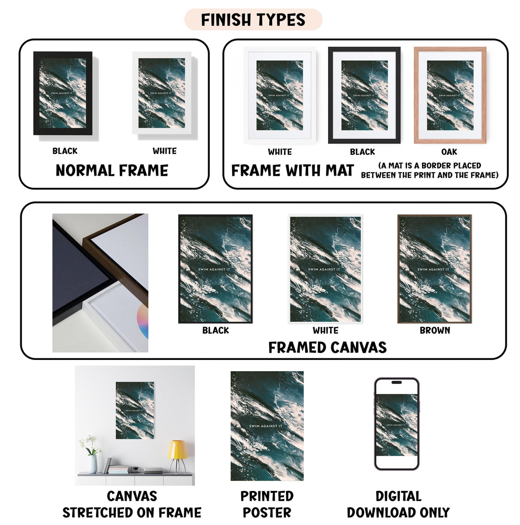 various finish types for artwork, including canvas, framed canvas, stretched canvas, printed poster, and digital download only.