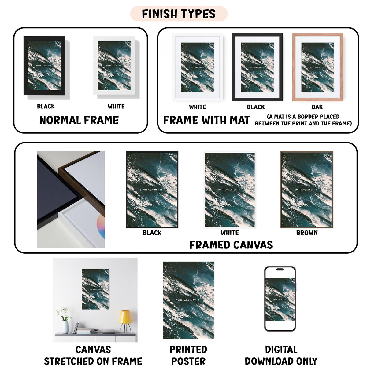 various finish types for artwork, including canvas, framed canvas, stretched canvas, printed poster, and digital download only.
