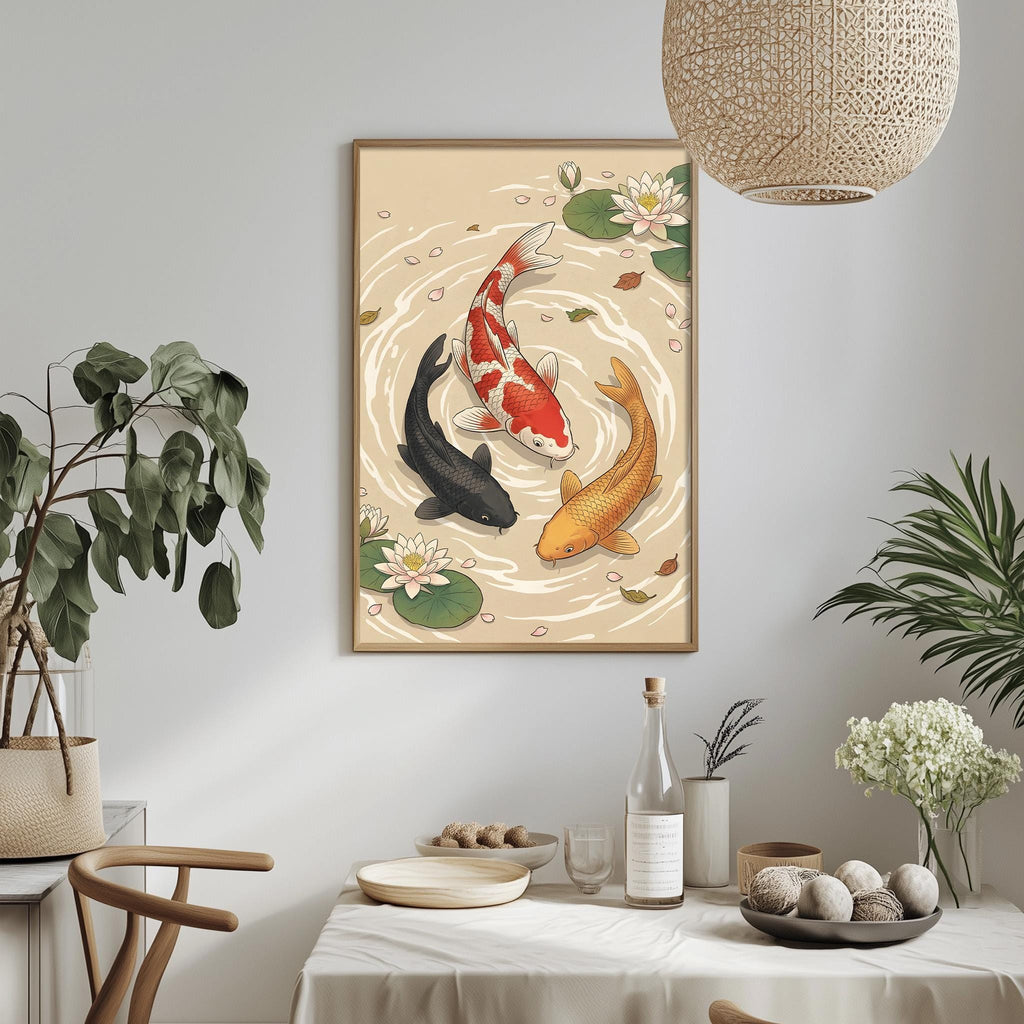 a framed painting of three koi fish swimming in a pond, surrounded by lily pads and flowers, hanging on a wall above a dining table with various decorative items and plants.
