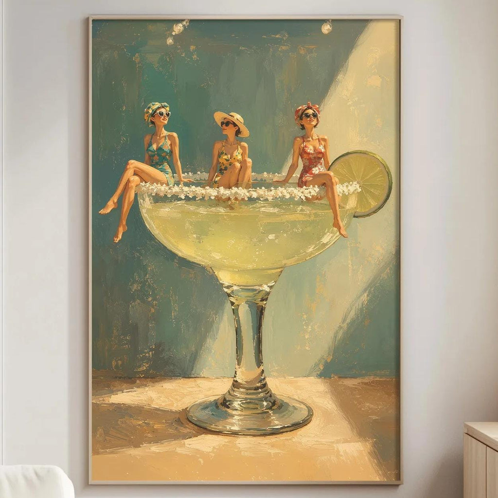 a large painting of three women sitting in a large glass, which appears to be a cocktail glass. The painting is hanging on a wall in a living room setting.