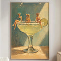 a large painting of three women sitting in a large glass, which appears to be a cocktail glass. The painting is hanging on a wall in a living room setting.