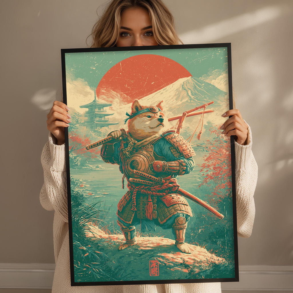 A woman holds up a framed artwork depicting a dog dressed in traditional Japanese armor, wielding a sword and standing on a rock.