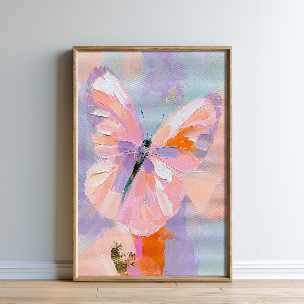 a large, colorful painting of a butterfly with vibrant pink, orange, and purple hues.