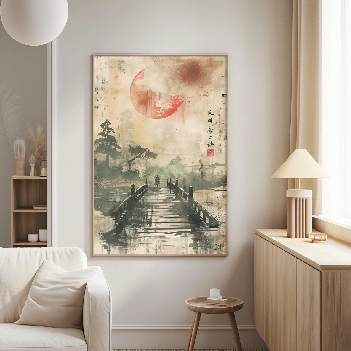 a living room with a large painting of a bridge and trees hanging on the wall. The painting has a red and green color scheme and depicts a serene landscape with a bridge leading to a forest. The room is furnished with a white sofa and a wooden side table, creating a cozy and inviting atmosphere.