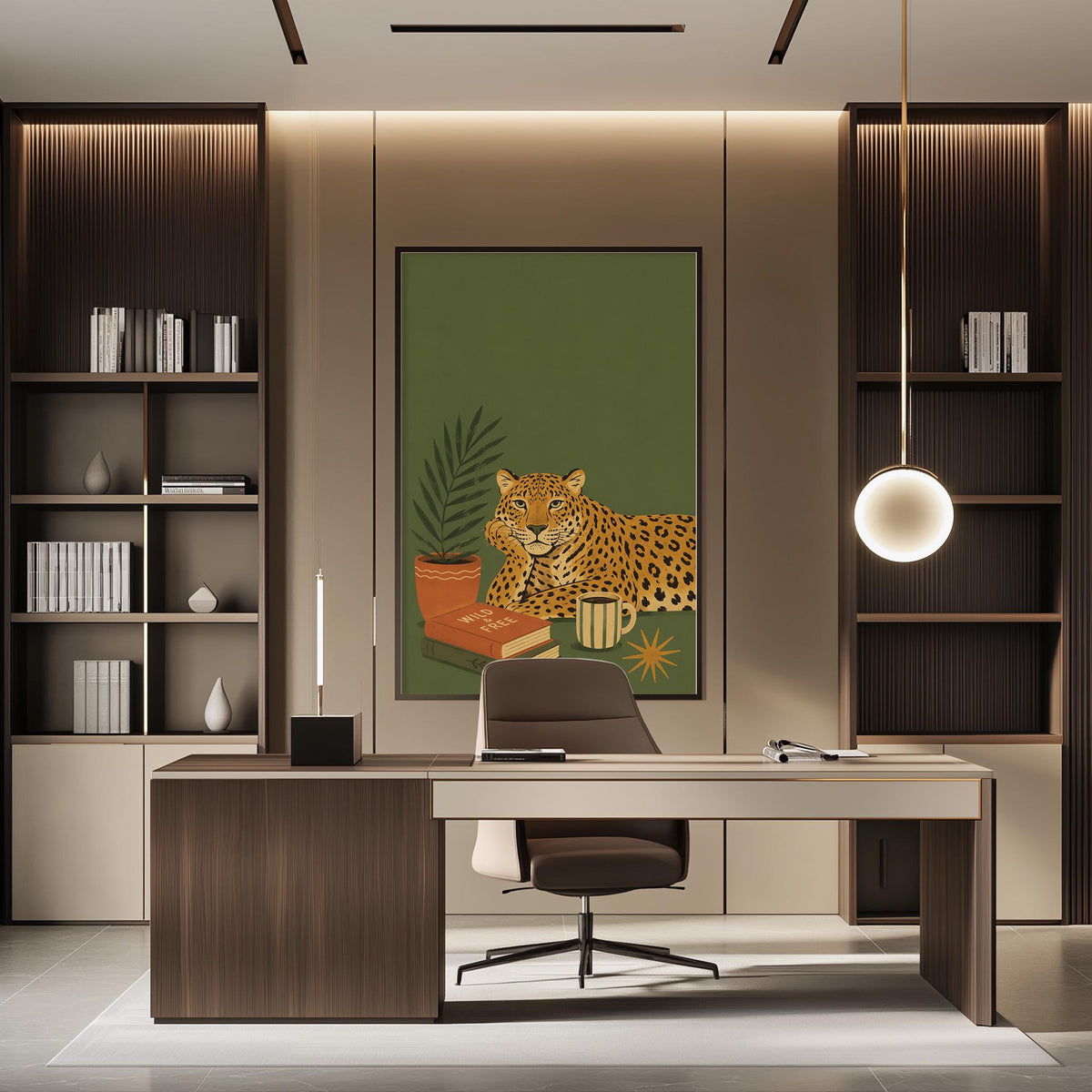 a modern and stylish office space with a large framed poster of a leopard on the wall, a wooden desk with a chair, and built-in bookshelves.