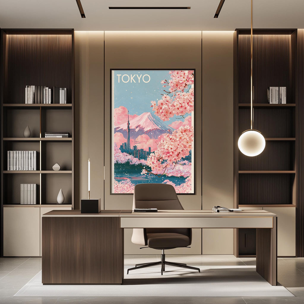 a modern office space with a large framed poster of Tokyo in the background, a wooden desk with a chair, and built-in bookshelves.