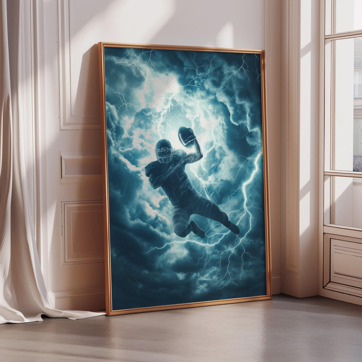 a football player in mid-air, leaping to catch a football against a backdrop of stormy clouds and lightning.