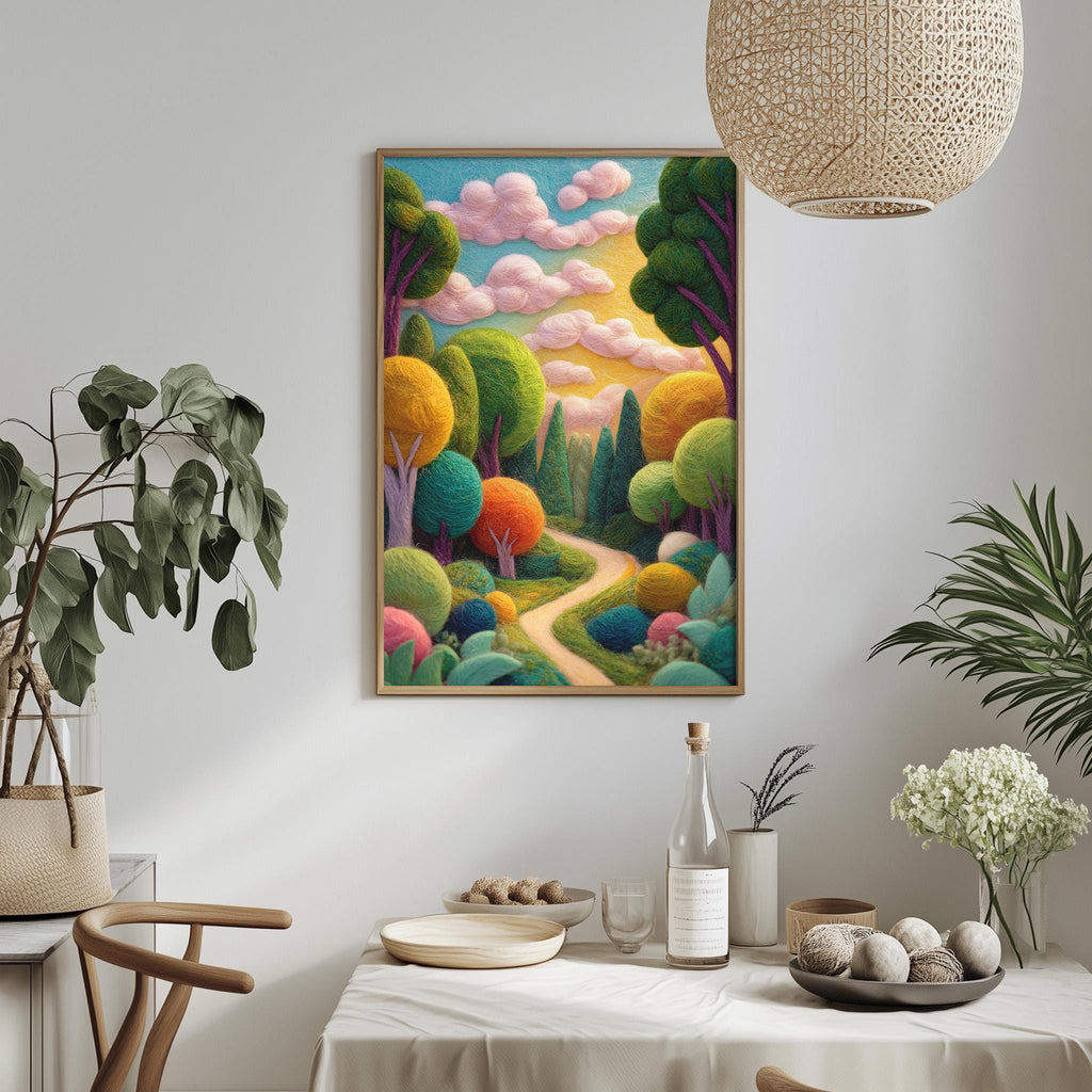 a vibrant and colorful painting of a lush, fantastical forest scene hanging on a wall above a dining table. The painting is surrounded by various decorative elements, such as potted plants, vases, and bowls, creating a harmonious and visually appealing display.