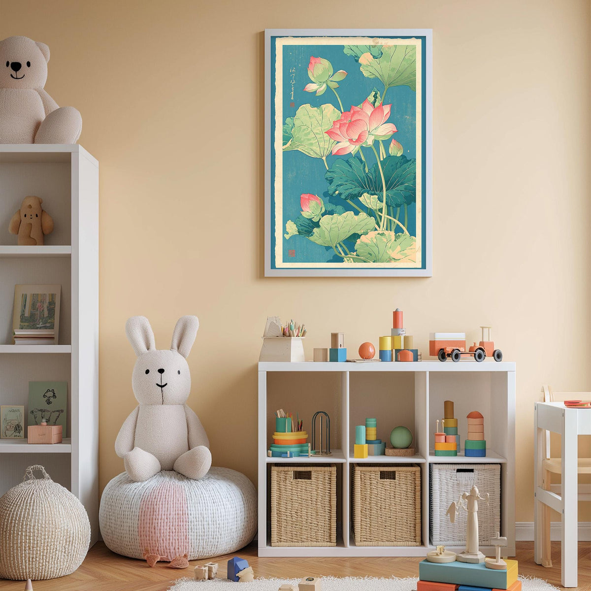 A cozy children's room with a large stuffed bunny, a bookshelf, and a colorful wall art depicting lotus flowers.