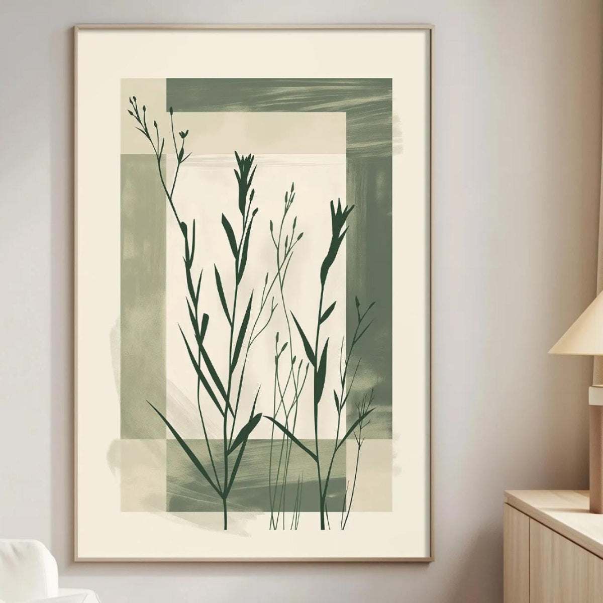 a living room with a white sofa, a wooden side table, and a framed artwork of green plants hanging on the wall.