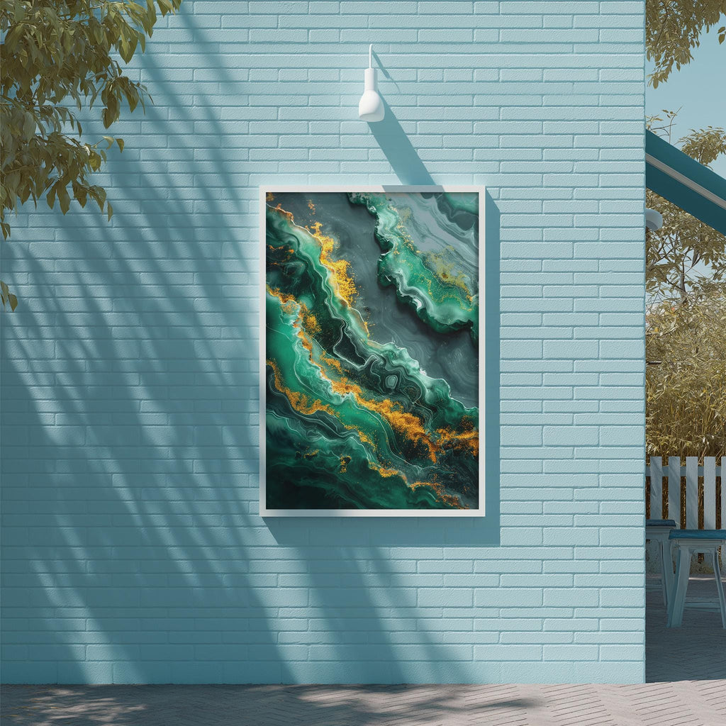 a large abstract painting hanging on a blue brick wall.
