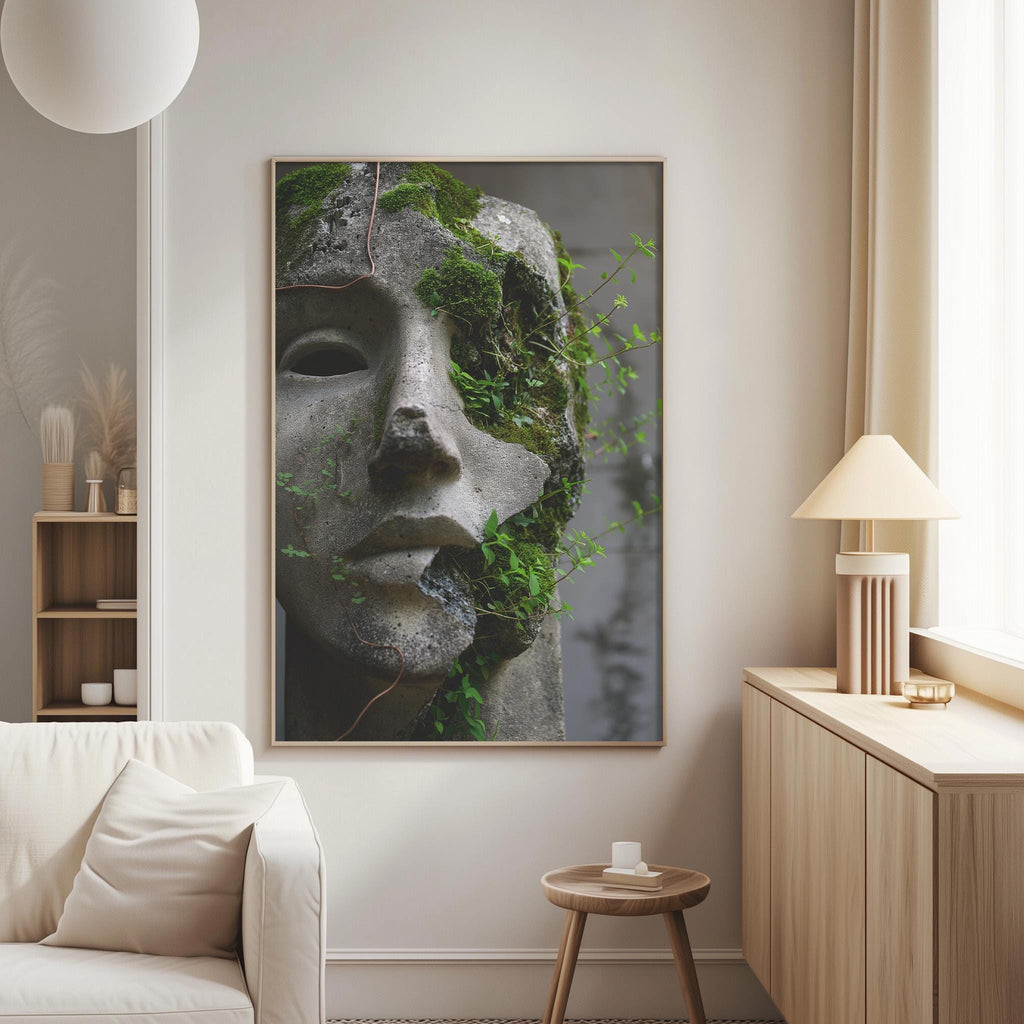 a large framed photograph of a stone statue with moss growing on it, hanging on a wall in a living room setting.
