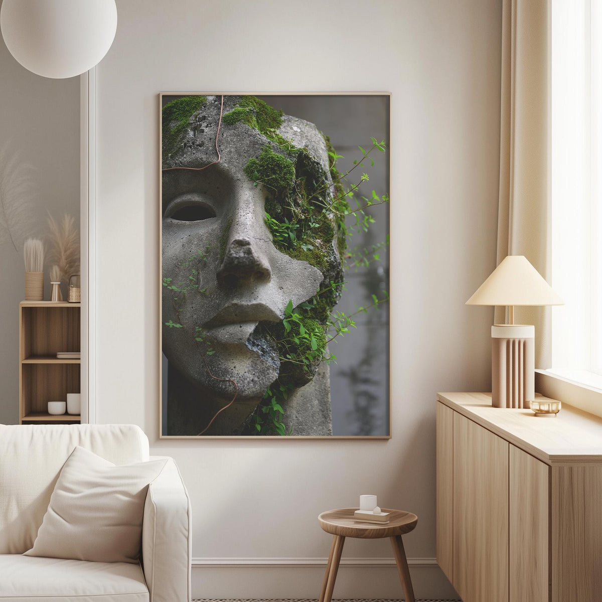 a large framed photograph of a stone statue with moss growing on it, hanging on a wall in a living room setting.