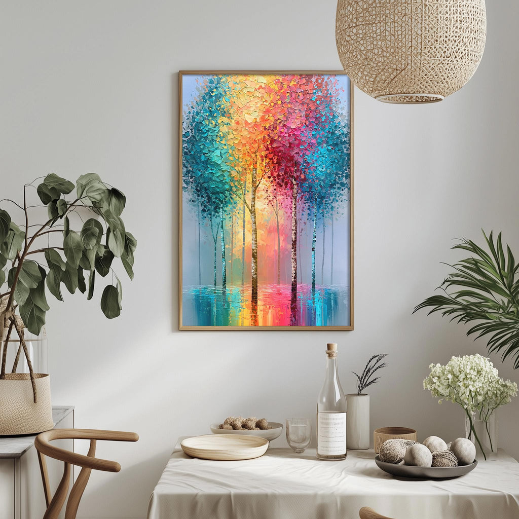 a dining table with a white tablecloth, a bowl of fruit, a bottle, and a vase with flowers. Above the table, there is a framed painting of trees with a colorful, abstract design.