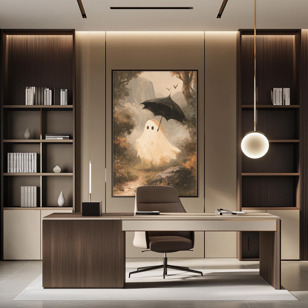 a modern office space with a large framed artwork of a ghost holding an umbrella on the wall. The office features a desk, chair, and shelving units, creating a professional and stylish atmosphere.