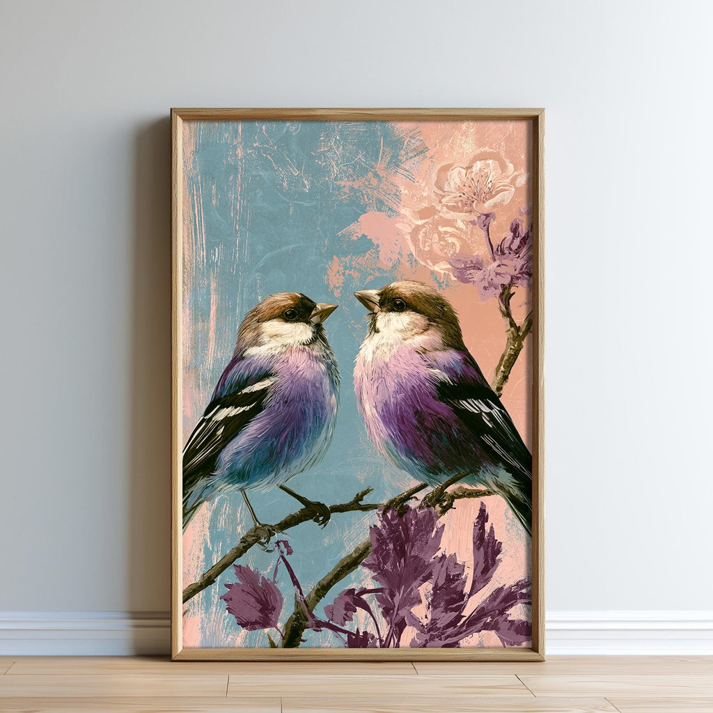 The image is a framed painting depicting two birds perched on a branch with flowers.