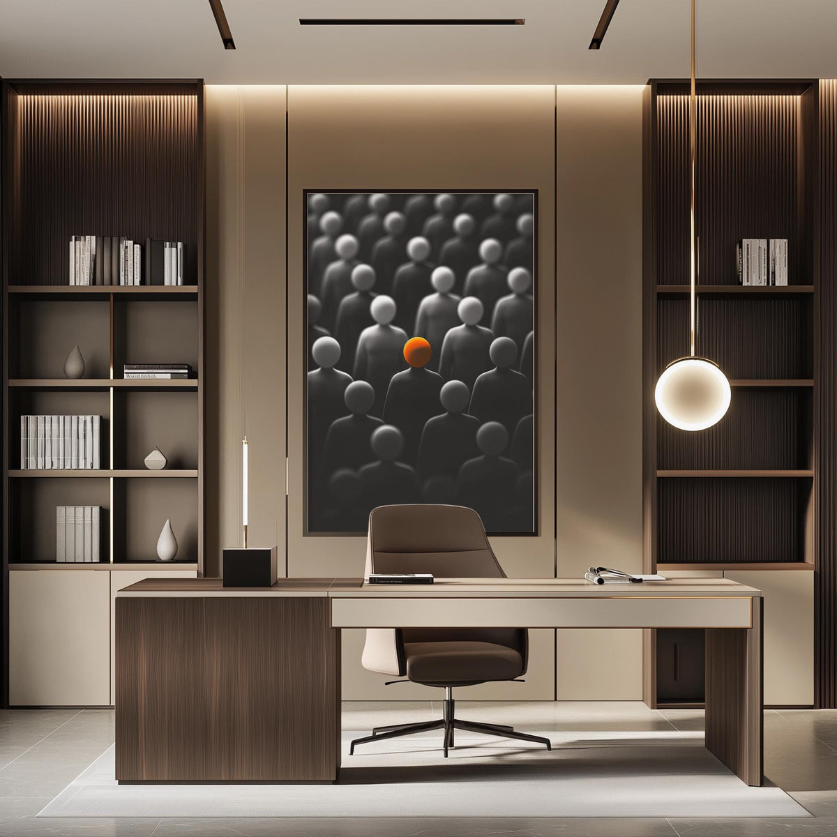 a modern and minimalist office space with a large abstract painting featuring a crowd of people and an orange object on the wall. The office has a wooden desk, a comfortable-looking chair, and a bookshelf filled with books. The overall design and decor create a professional and visually appealing atmosphere.