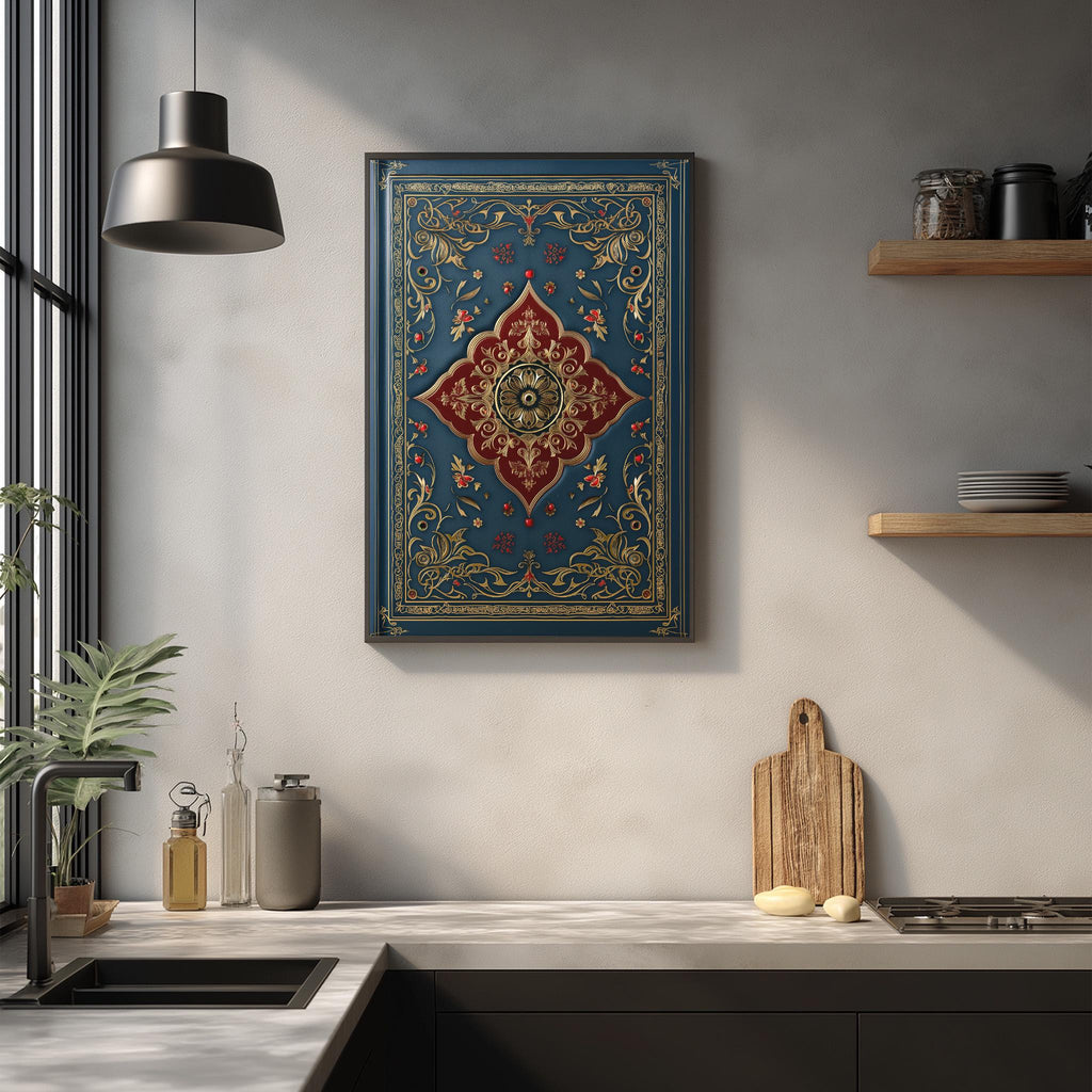 a kitchen counter with a framed ornate painting hanging above it, a wooden cutting board, and various kitchen accessories such as a soap dispenser and a bottle.