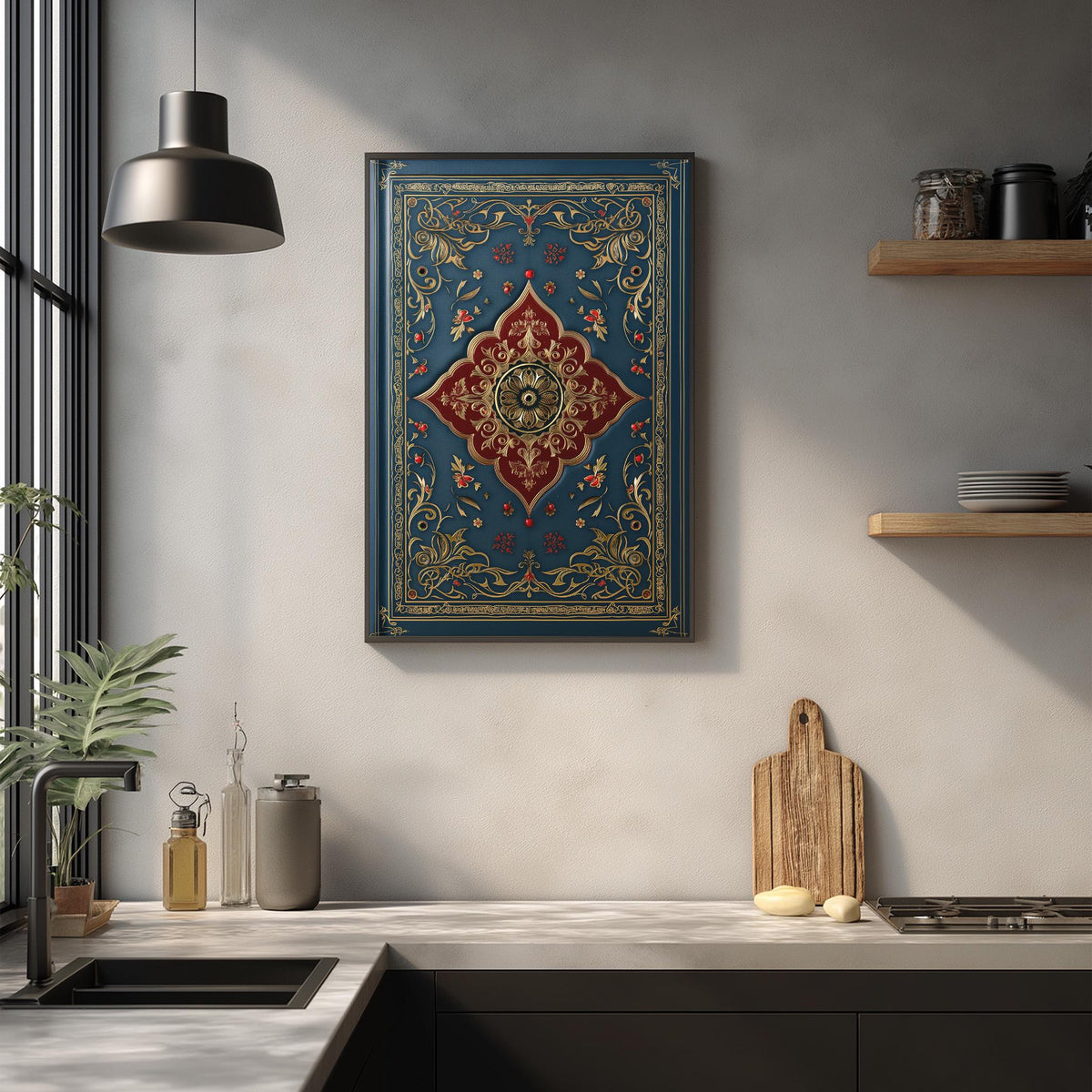a kitchen counter with a framed ornate painting hanging above it, a wooden cutting board, and various kitchen accessories such as a soap dispenser and a bottle.