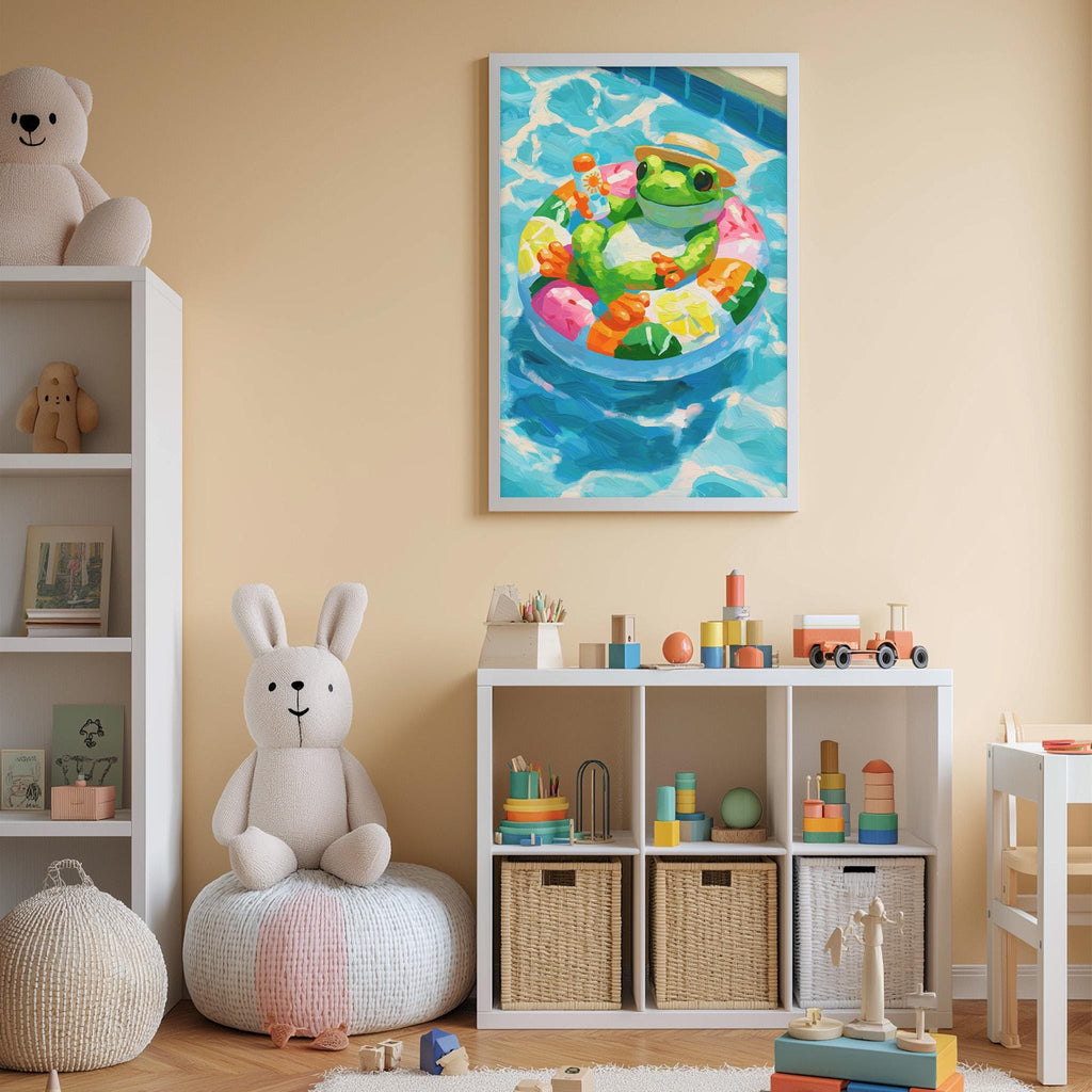 A child's bedroom with a white bookshelf, a stuffed rabbit, a toy train, and a framed painting of a frog in a pool.